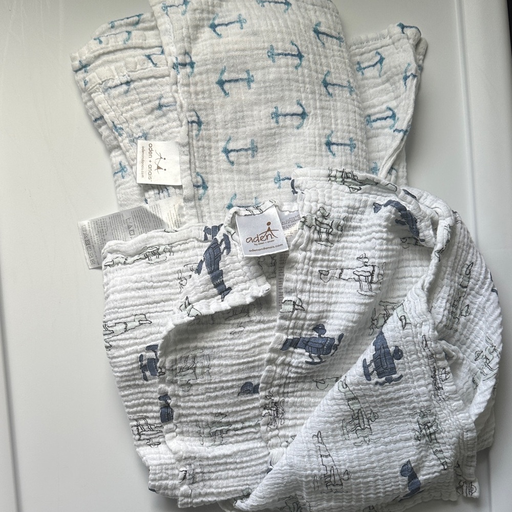 Two aden + anais Blue and White Muslin Swaddles